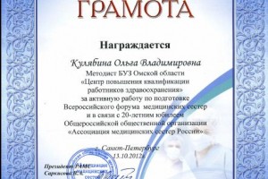 Почетная грамота Кулябиной О.В. за активное участие в подготовке секции «Профессиональное образование»